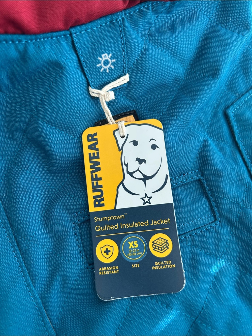 Ruffwear Quilted Insulated Dog Jacket in Teal and Red (Dog not included)